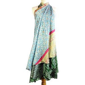 Vintage Sari Magic Wrap Skirt or Dress Multicolor Bohemian Double Layer Boho